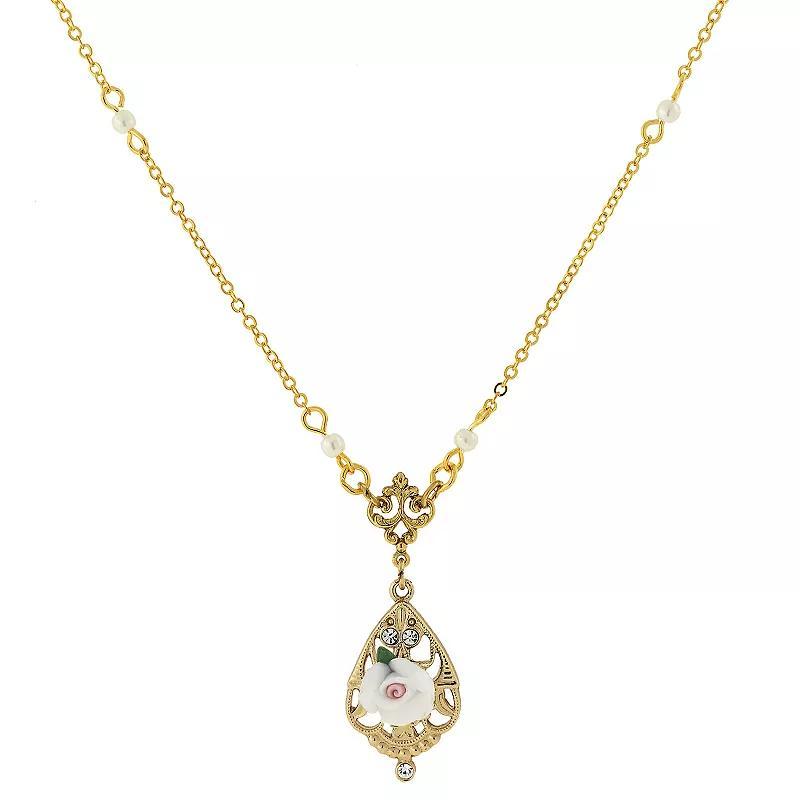 1928 Gold Tone White Porcelain Rose & Crystal Accent Necklace, Womens Product Image