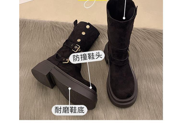 Platform Plain Buckled Faux Suede Mid-Calf Boots Product Image