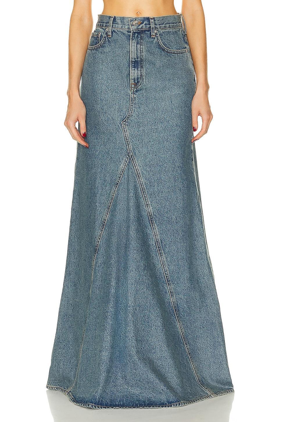 GRLFRND Fiona Godet Maxi Skirt in Blue. Product Image