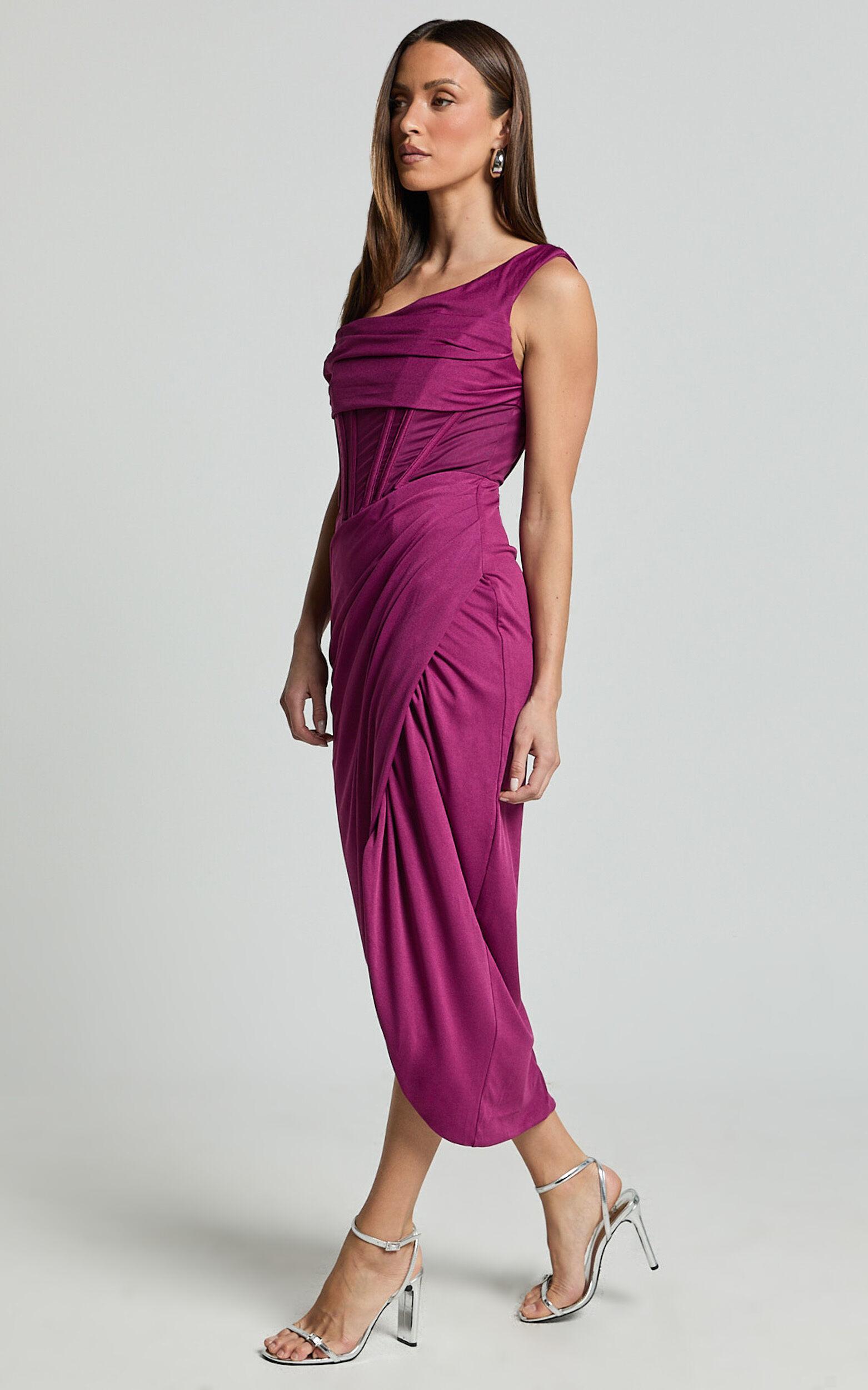 Aidia Midi Dress - One Shoulder Draped Corset Dress in Plum Product Image