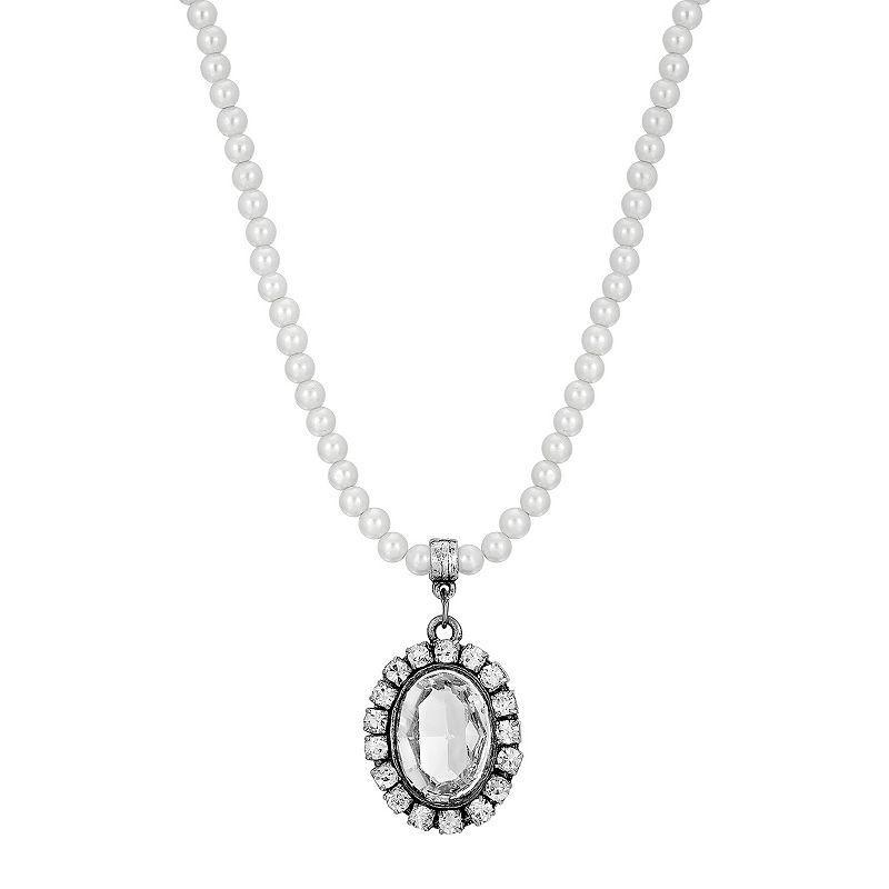 1928 Silver Tone Simulated Pearl Oval Halo Pendant Necklace, Womens, White Product Image