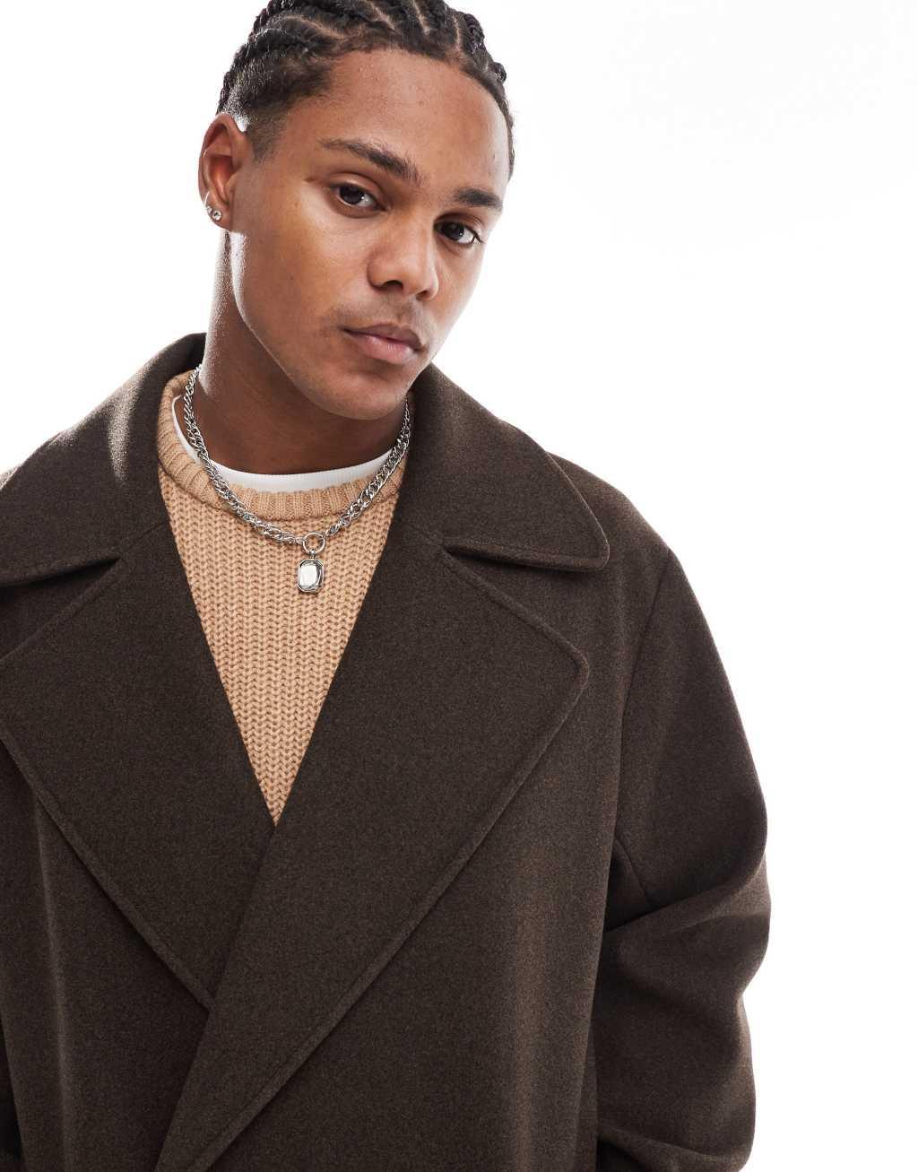 ASOS DESIGN oversized wool look overcoat in brown Product Image