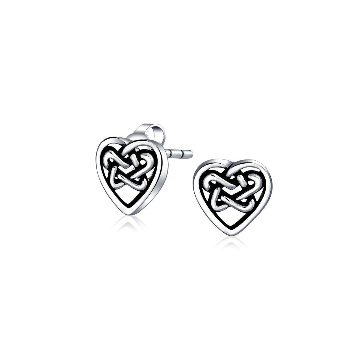 Bling Jewelry Bff Heart Shaped Love Open Irish Celtic Friendship Knot Tiny Stud Earrings For Women Oxidized Sterling Silver Product Image