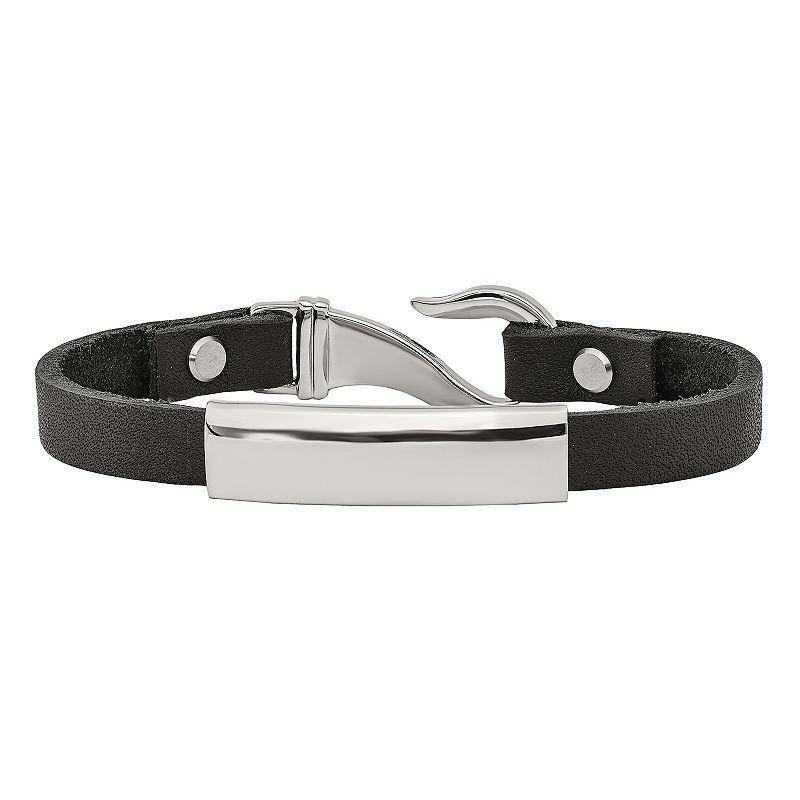 Mens Stainless Steel & Black Leather ID Bracelet Product Image