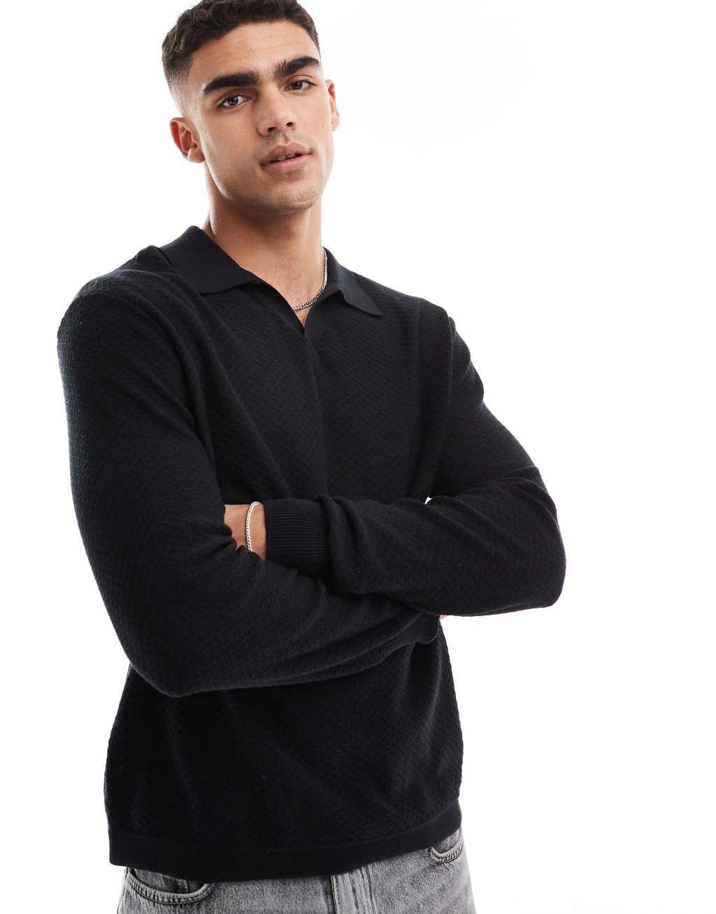 Cotton On long sleeve knitted polo lightweight sweater in black Product Image