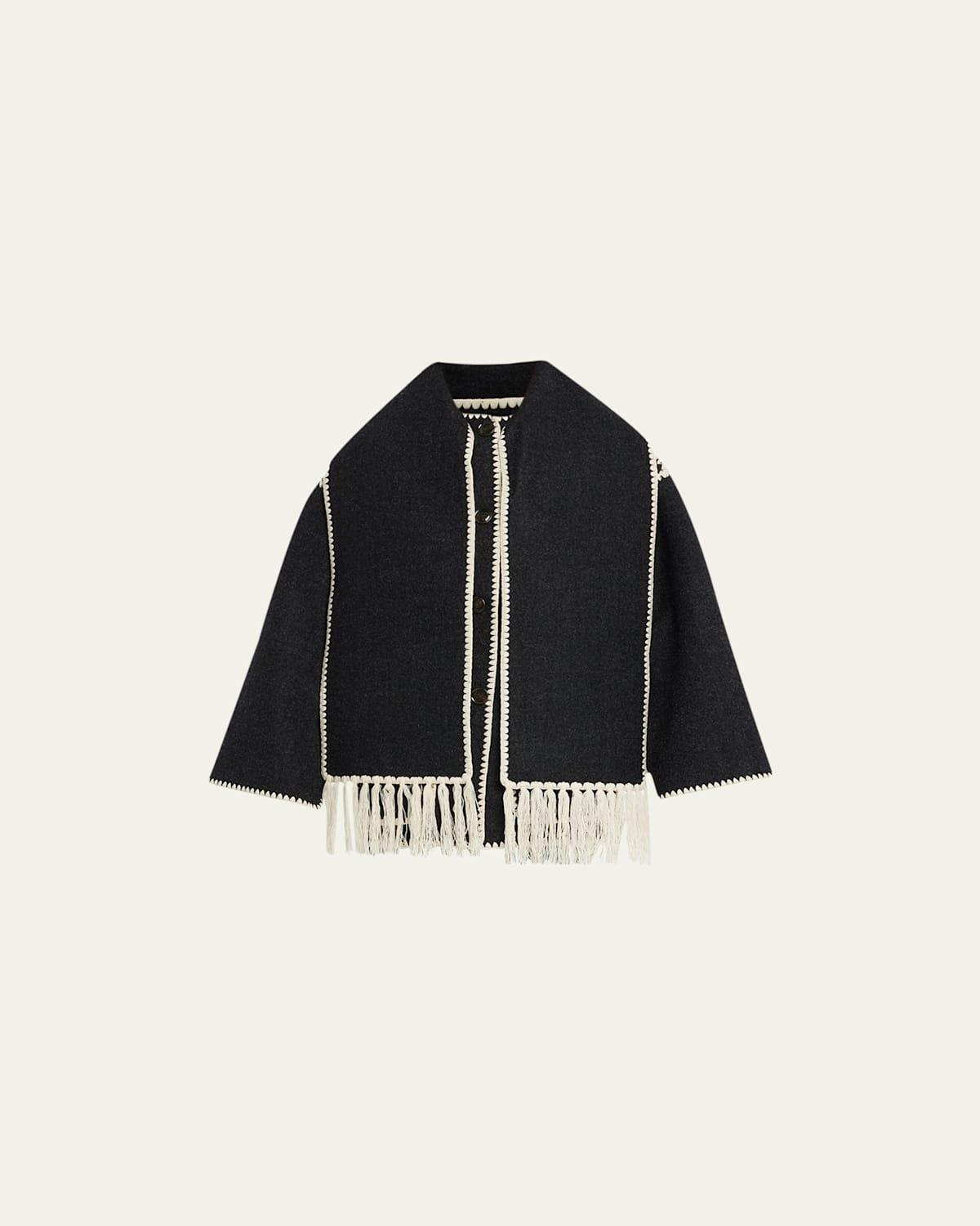 Embroidered Fringe Contrast-Trim Scarf Wool Jacket Product Image