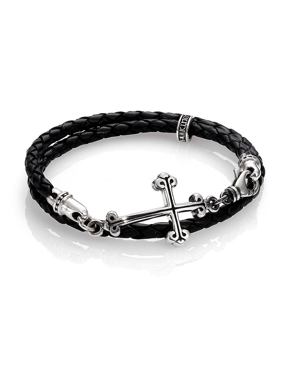 Mens Cross Double-Wrap Leather Bracelet Product Image