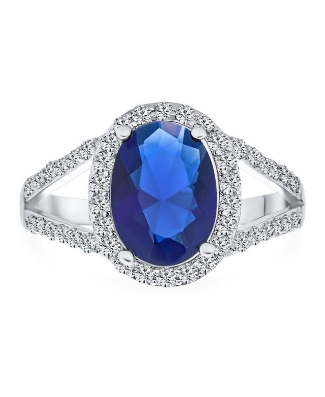 Bling Jewelry Classic 10CT Aaa Cz Brilliant Simulated Royal Blue Sapphire Cut Halo Statement Oval Solitaire Engagement Ring For Women With Split Shank Product Image