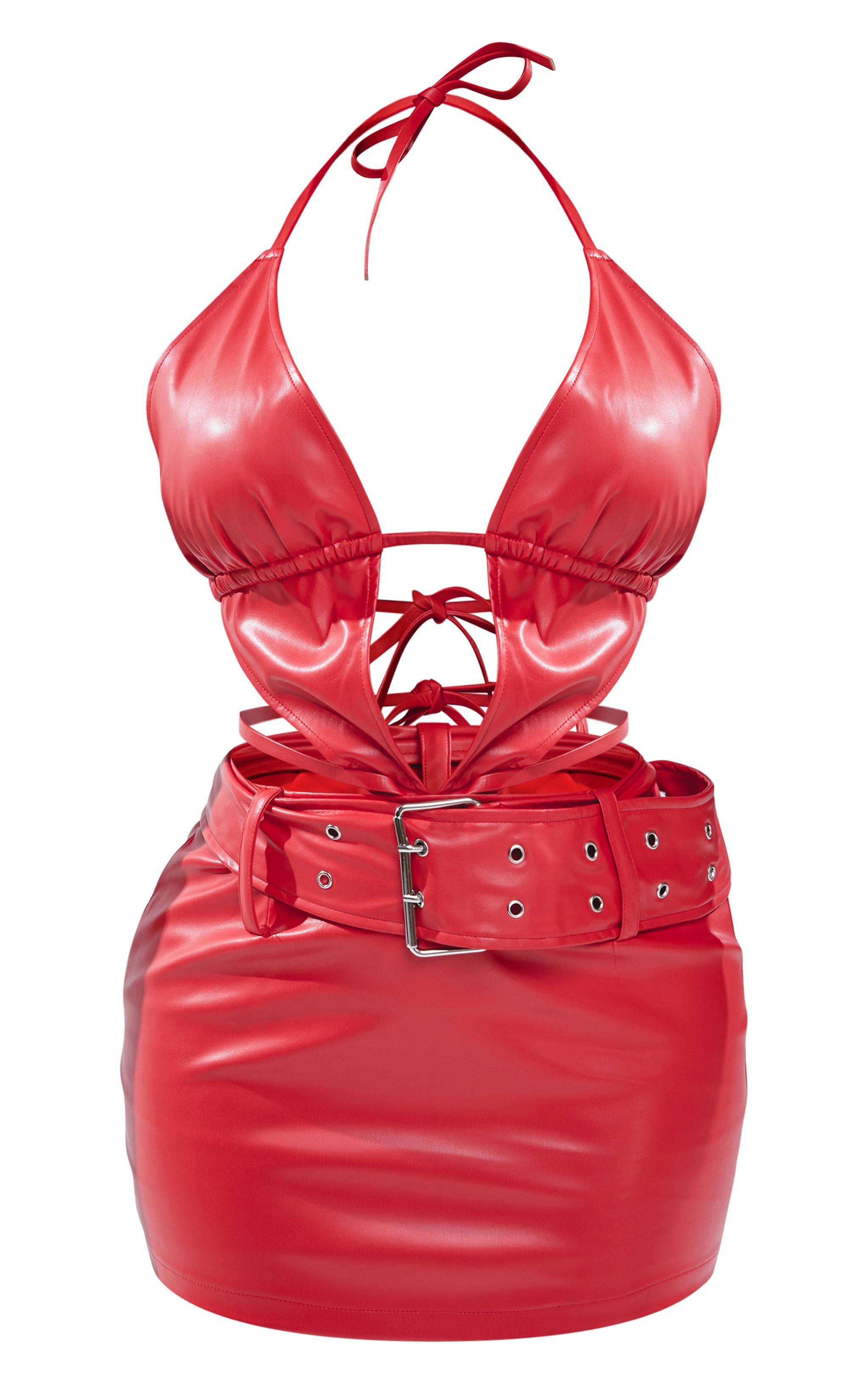 Shape Red Faux Leather Belted Halterneck Dress Product Image