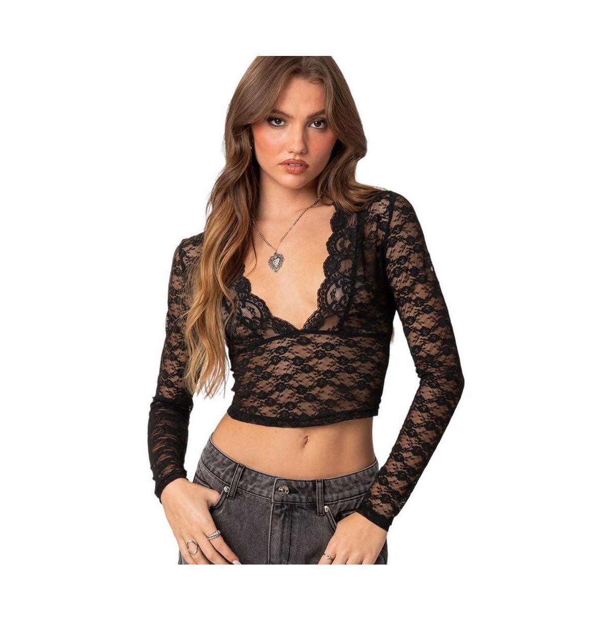 Womens Beck plunge neck sheer lace top product image