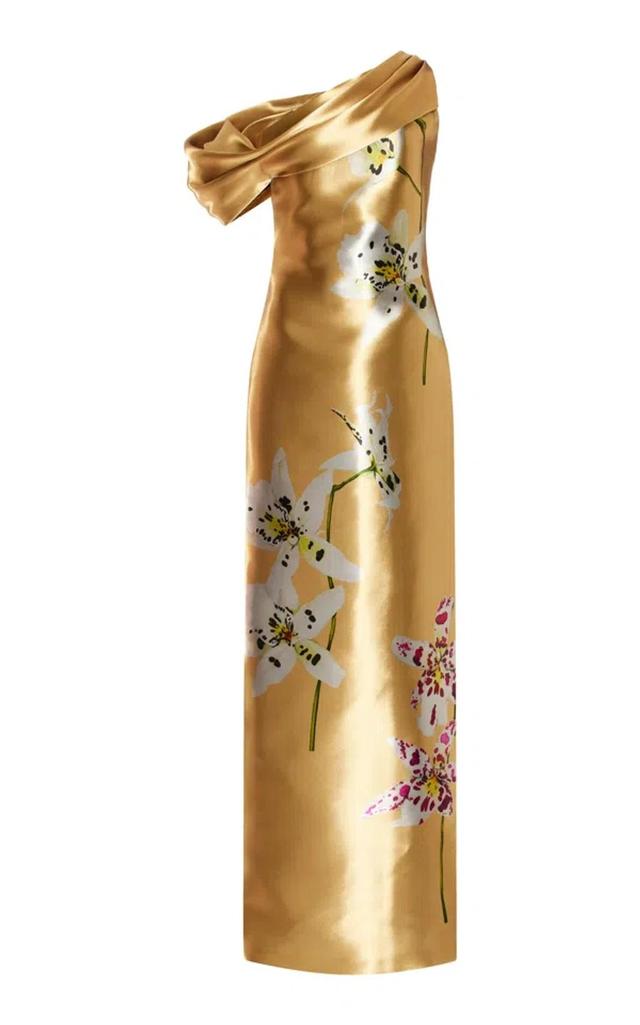 OSCAR DE LA RENTA Sleeveless Draped Metal Orchids Column Gown In Gold Multi Product Image