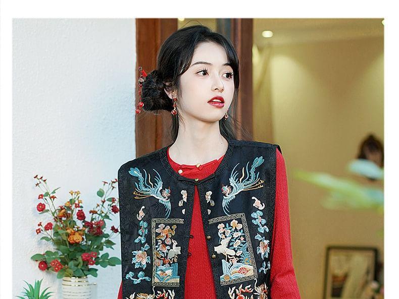 Long-Sleeve Floral Embroidered Faux Pearl Top / High Rise Floral Jacquard Wide Leg Pants / Vest Product Image