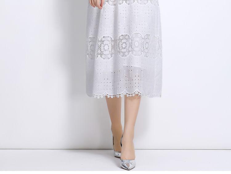 Set: Long Sleeve Stand Collar Plain Button Panel Lace Midi A-Line Dress + Belt Product Image