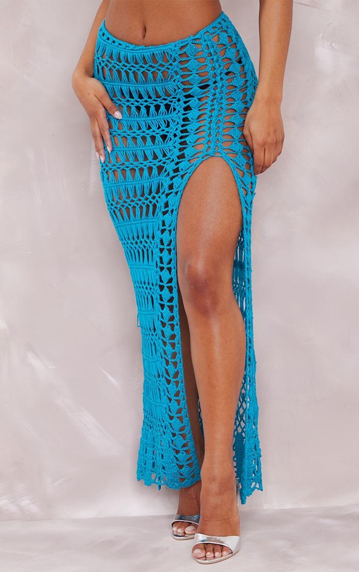 Turquoise Side Split Crochet Knit Maxi Skirt Product Image