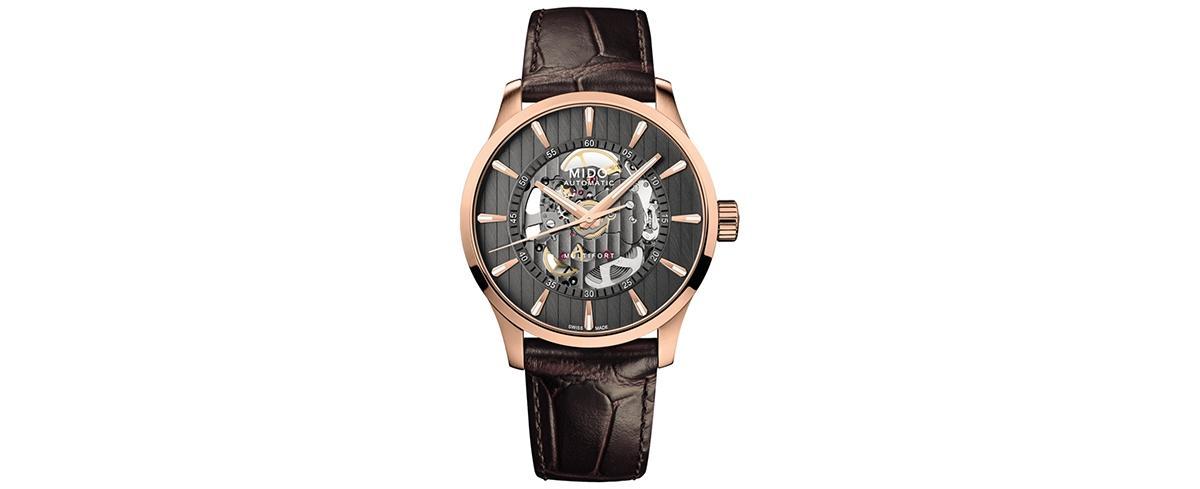 Mido Mens Swiss Automatic Multifort Skeleton Vertigo Brown Leather Strap Watch 42mm - Anthracite Product Image