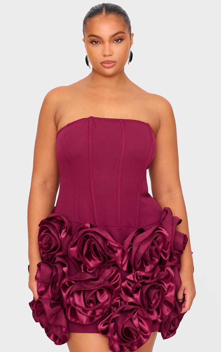 Plus Burgundy Boned Corset Flower Detail Bodycon Dress Product Image