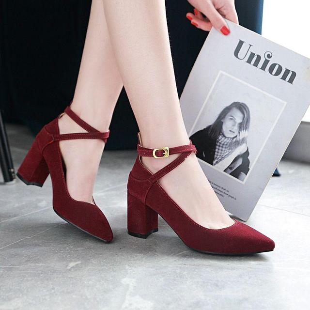 Pointed Block Heel Ankle Strap Pumps Product Image