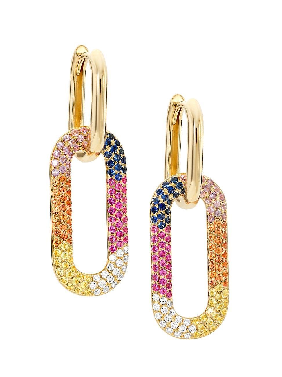 Womens 14K Yellow Gold, Sapphire & 0.17 TCW Diamond Oval-Link Drop Earrings Product Image