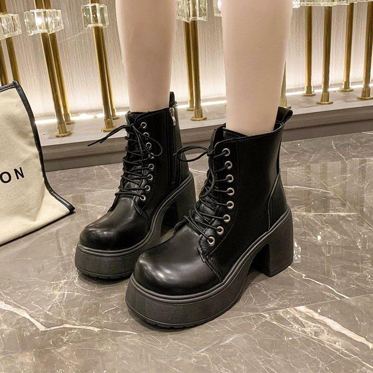 Faux Leather Block Heel Platform Short Boots Product Image