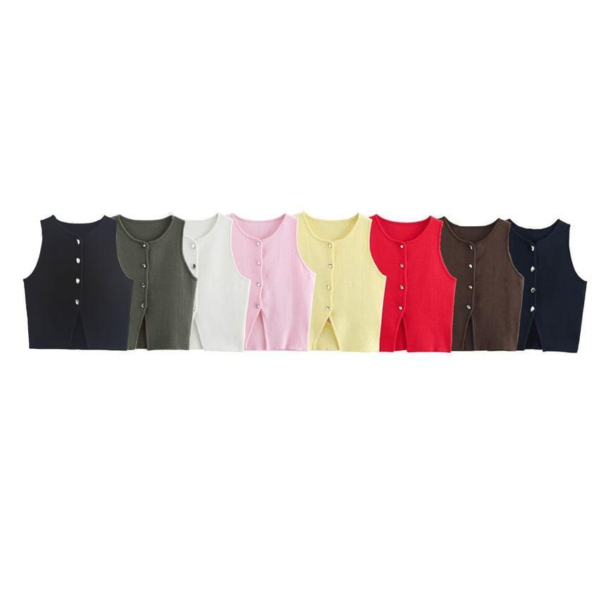 Round Neck Plain Button Sweater Vest Product Image