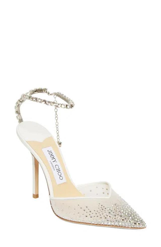 Saeda Crystal Ankle Strap Pointed Toe Pump In White Product Image