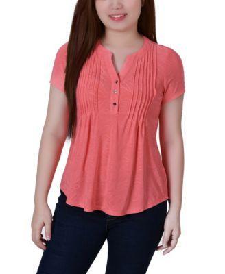 Petite Short Sleeve Y Neck Jacquard Knit Top Product Image