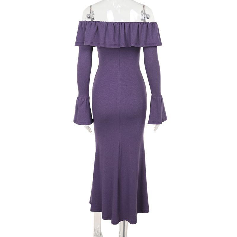 Long-Sleeve Off-Shoulder Plain Ruffle Trim Maxi Sheath Dress Product Image