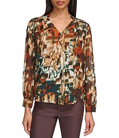 Calvin Klein Chiffon Printed V-Neck Button Front Top Product Image