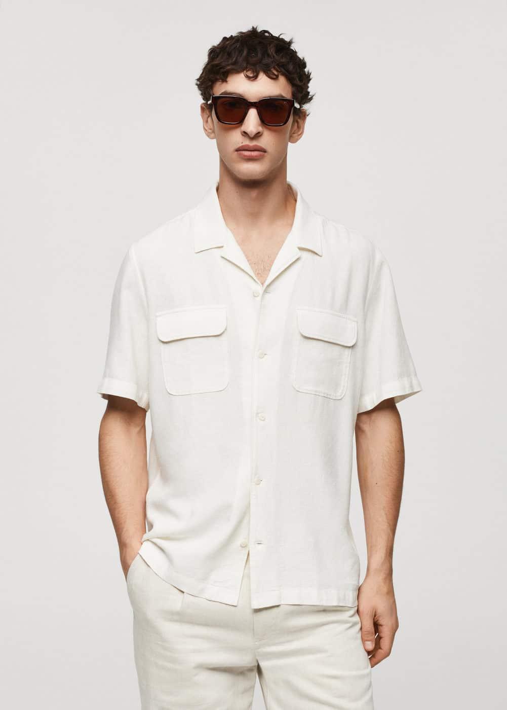 MANGO MAN - Linen shirt with bowling collar and pockets whiteMen Product Image