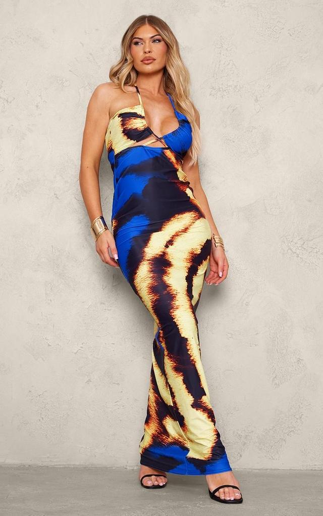 Blue Printed Soft Touch Halter Neck Cut Out Maxi Dress Product Image