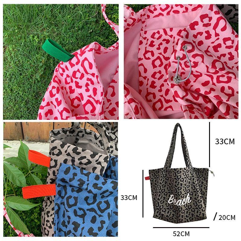 Lettering Leopard Print Canvas Tote Bag Product Image