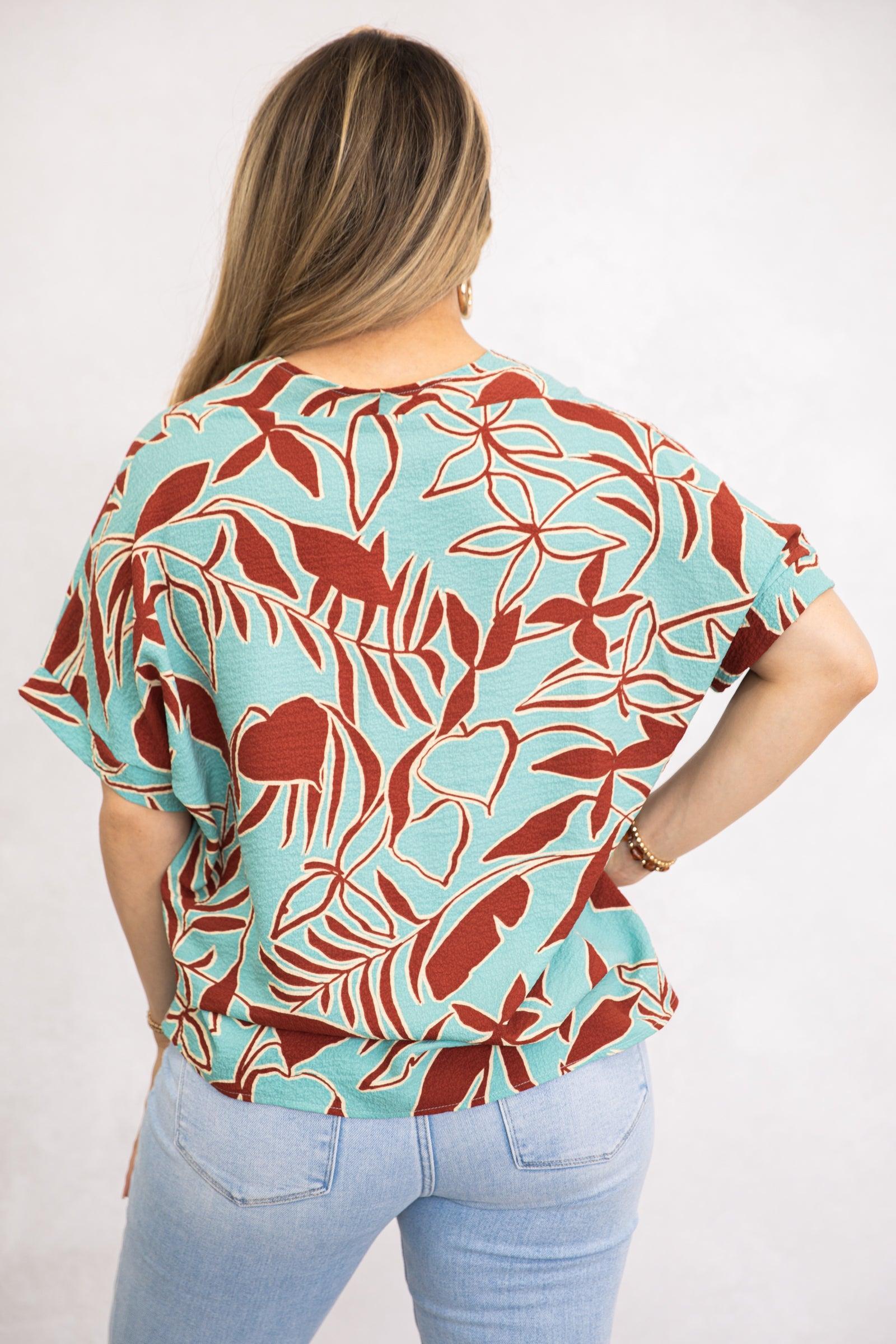 Light Teal and Rust Floral Woven Top Product Image