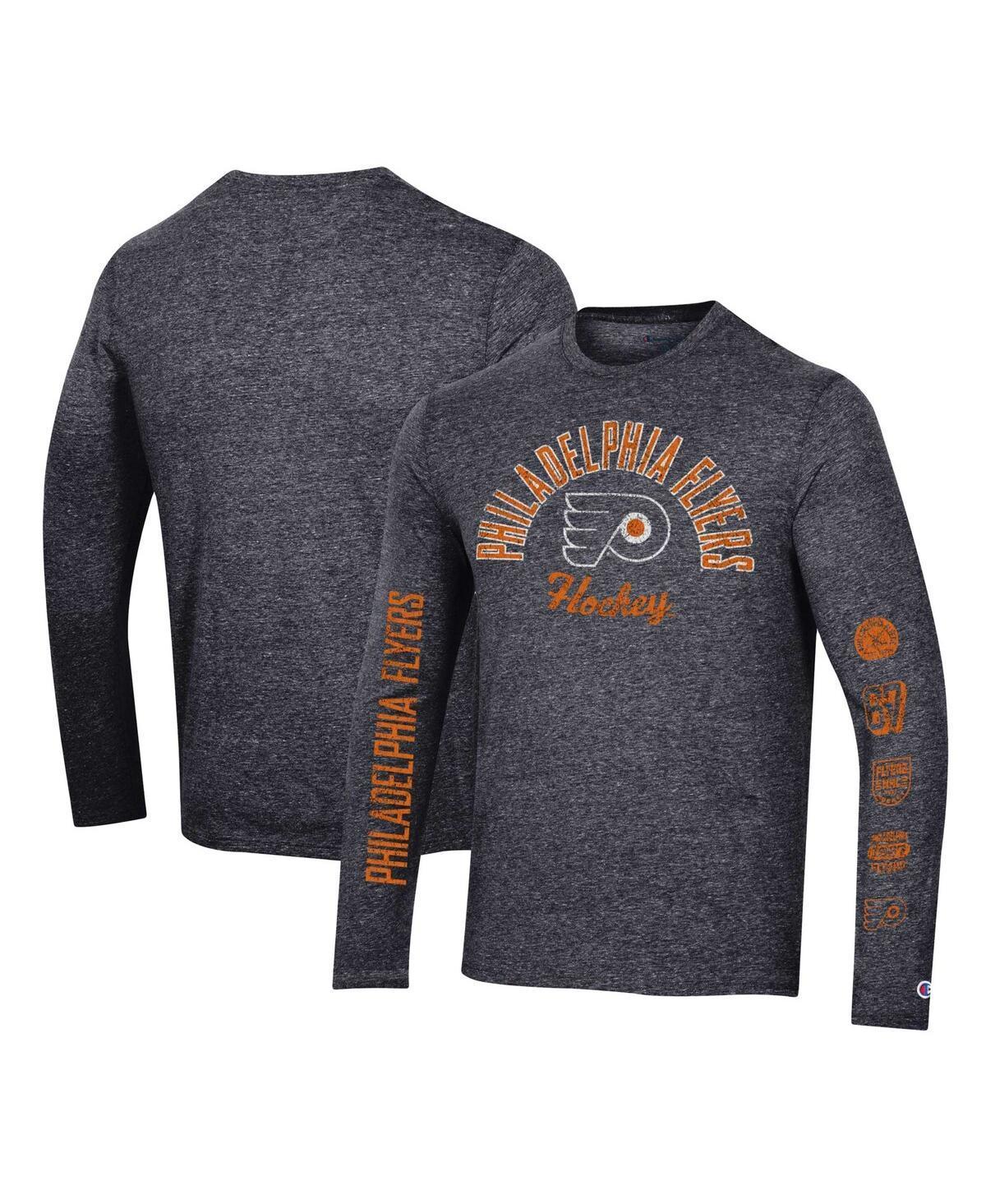 Mens Champion Heather Black Distressed Philadelphia Flyers Multi-Logo Tri-Blend Long Sleeve T-shirt Product Image