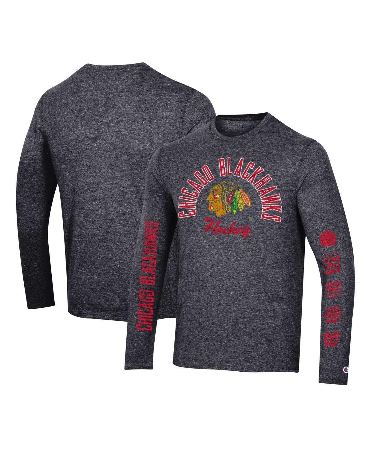 Mens Champion Heather Black Distressed Chicago Blackhawks Multi-Logo Tri-Blend Long Sleeve T-shirt Product Image