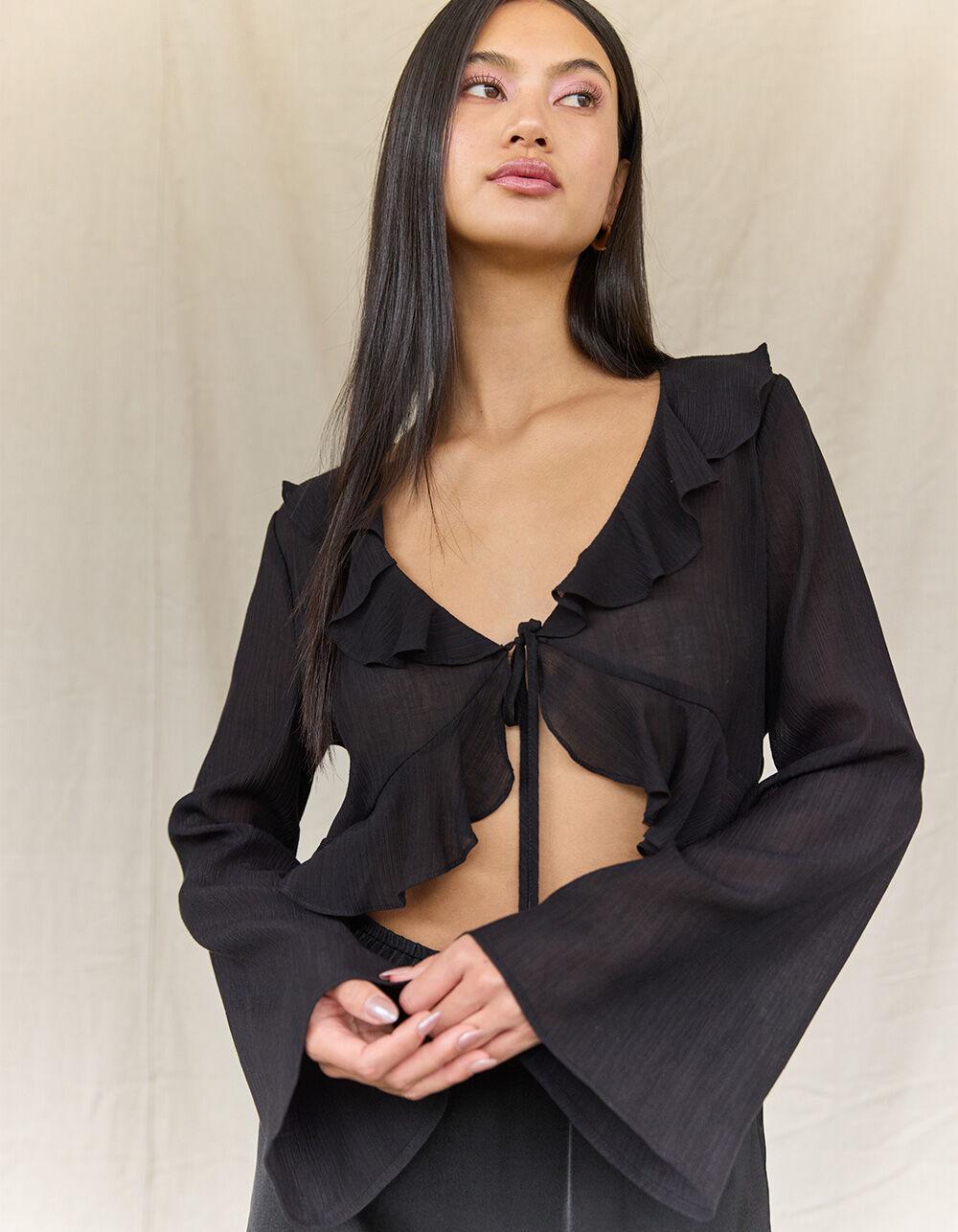 WEST OF MELROSE Sheer Ruffle Womens Long Sleeve Top Product Image