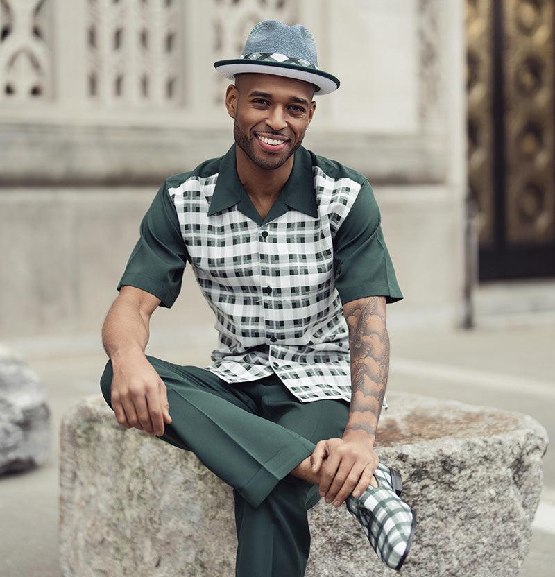 Emerald Shadow Plaid Design Walking Suit 2 Piece Short Sleeve Set Product Image