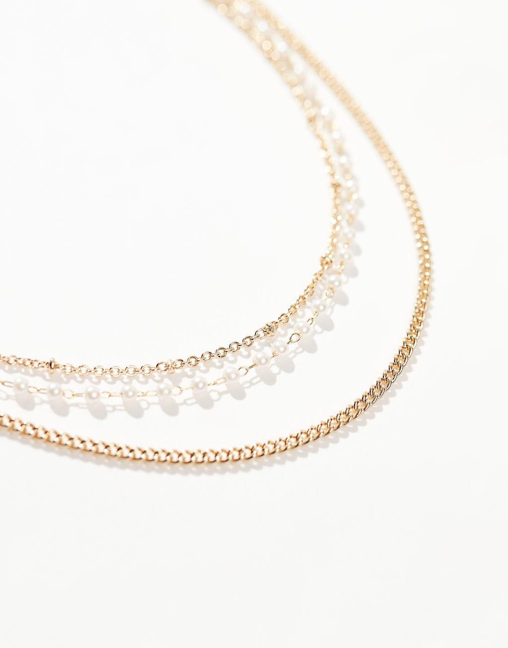 ASOS DESIGN multirow anklet with faux pearl and mixed chain in gold tone Product Image