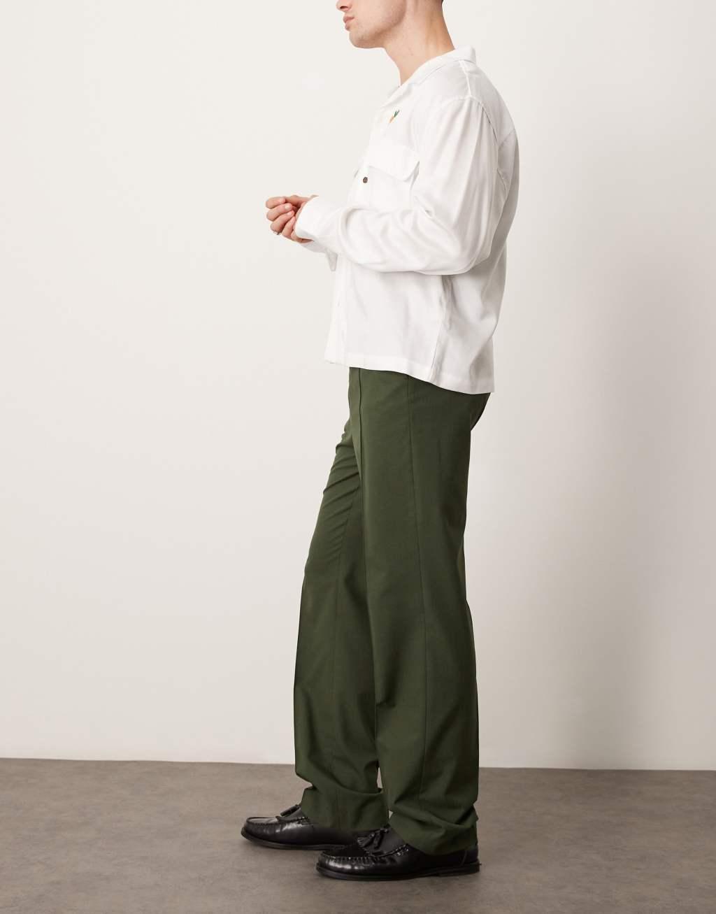 ASOS DESIGN smart high waist straight leg pants with pintucks in dark green Product Image