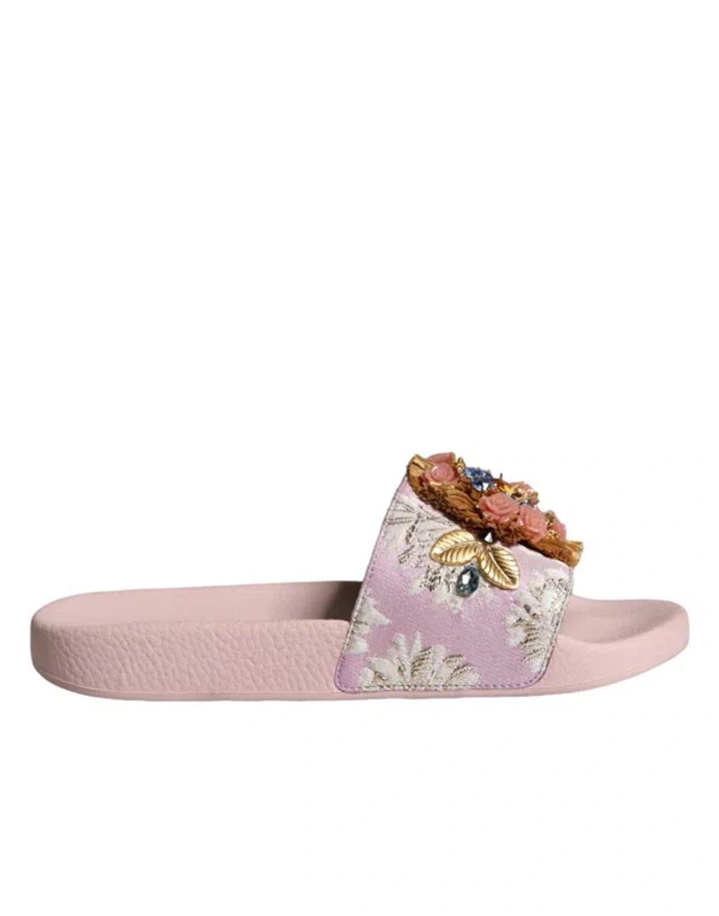 DOLCE & GABBANA Pink Brocade Crystal Sandals Slides Beachwear Shoes Product Image