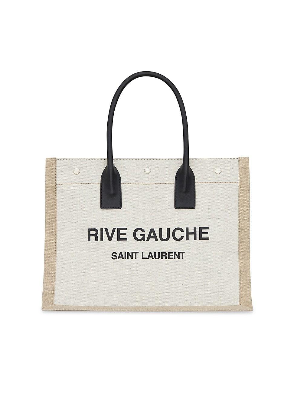 Womens Rive Gauche Small Tote Bag In Linen And Leather Product Image