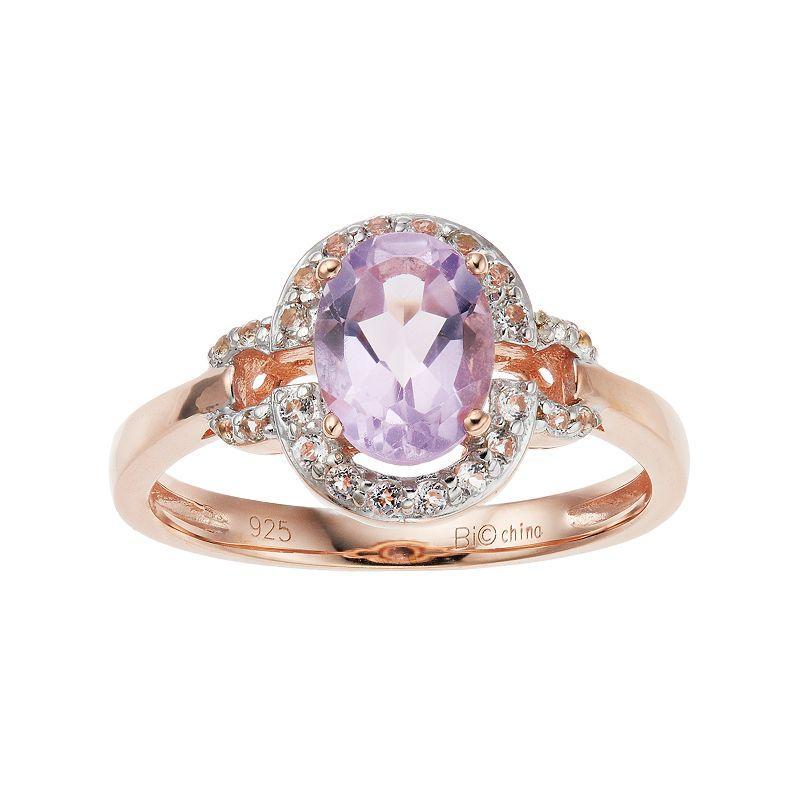 Gemminded 14k Rose Gold Over Silver Amethyst & White Topaz Oval Halo Ring, Womens Purple Product Image