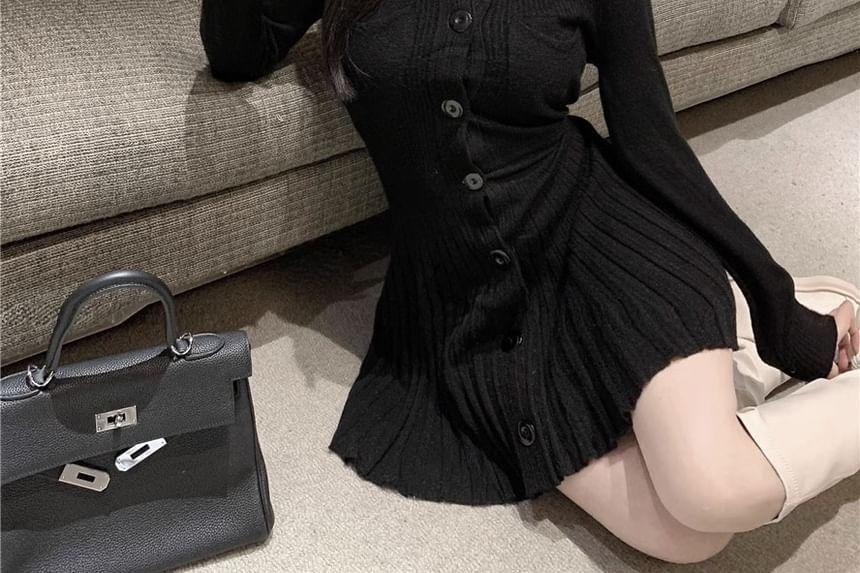 Long-Sleeve Crew Neck Plain Pleated Button-Up Mini A-Line Knit Dress Product Image