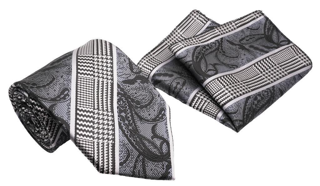 Black Counterchange and Scroll Pattern Men's Classic Tie and Pocket Square Set Product Image