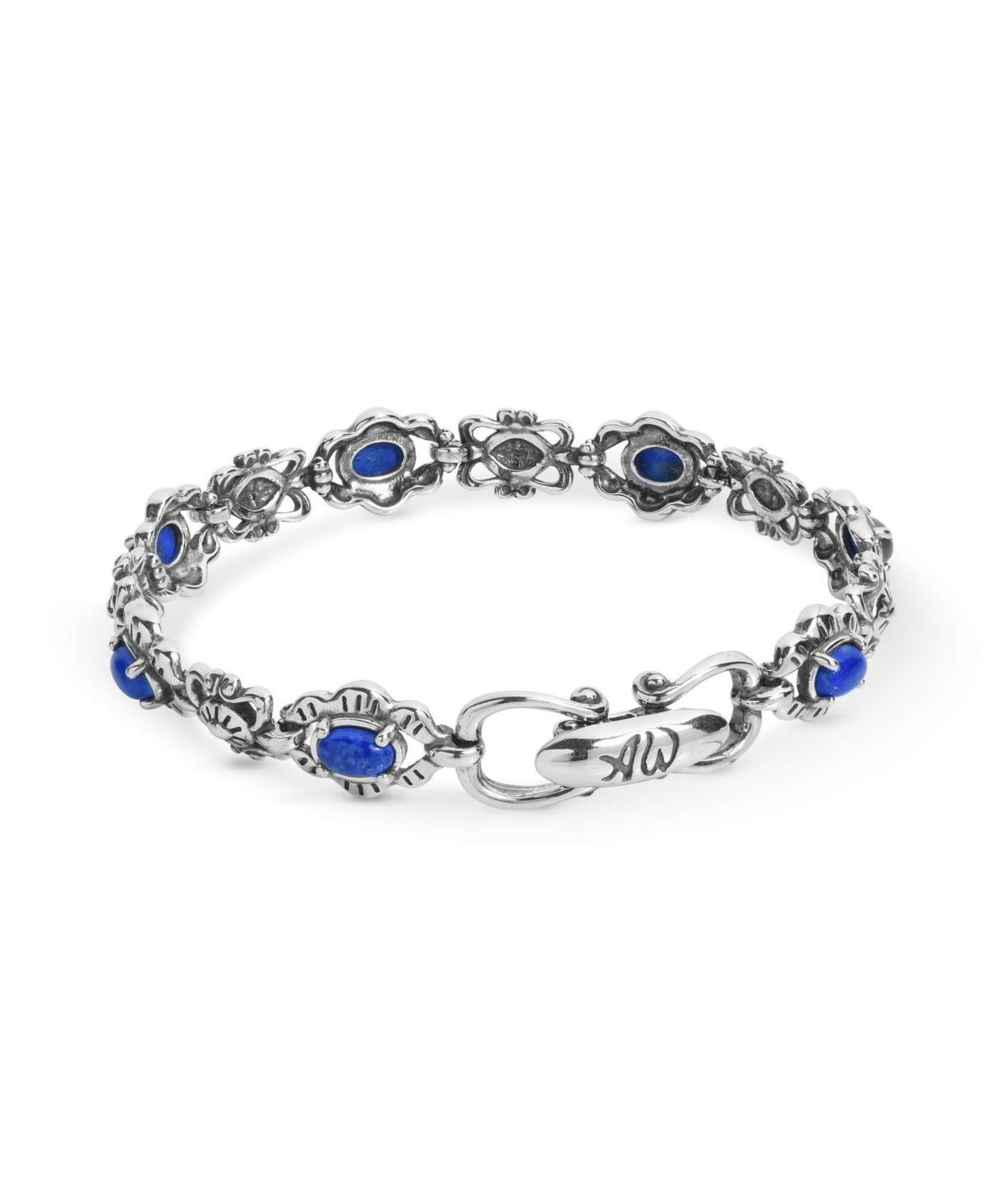 American West Jewelry Sterling Silver Womens Link Bracelet Oval Blue Denim Lapis Gemstone - Large Product Image