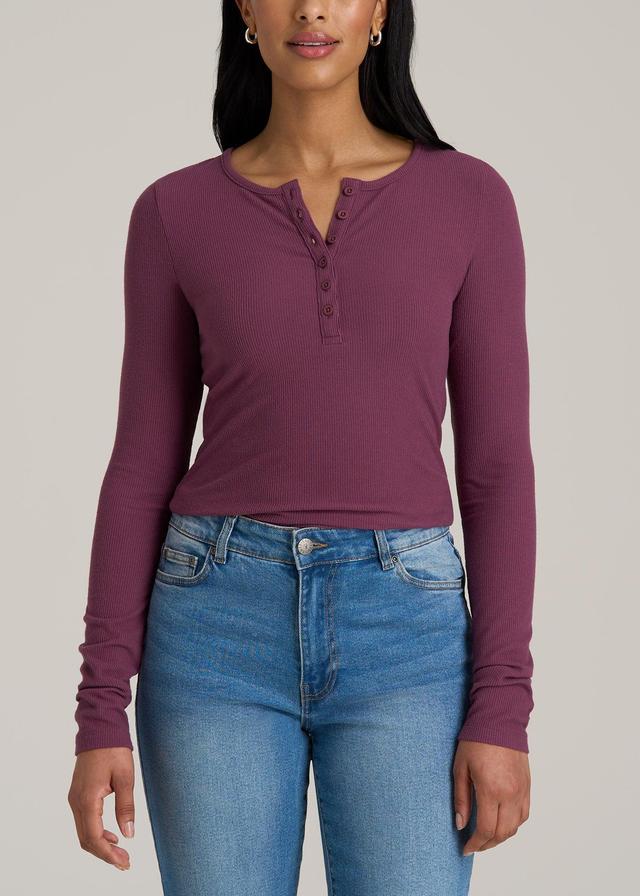 Long Sleeve Ribbed Crewneck Women's Tall Henley Shirt in Purple Gumdrop Female Product Image