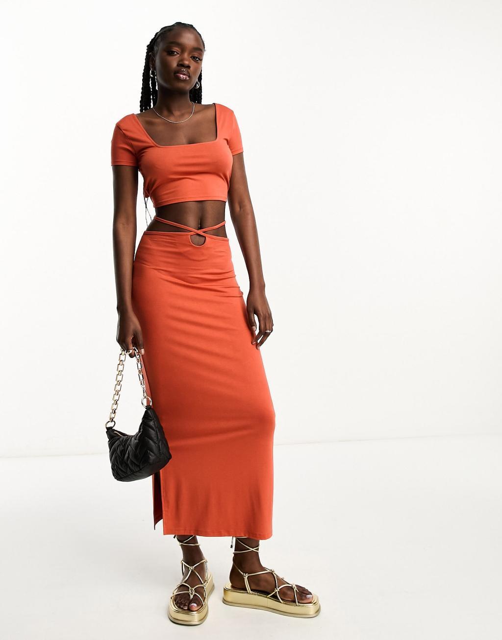 ASOS DESIGN tie waist midi skirt in rust - part of a set Product Image