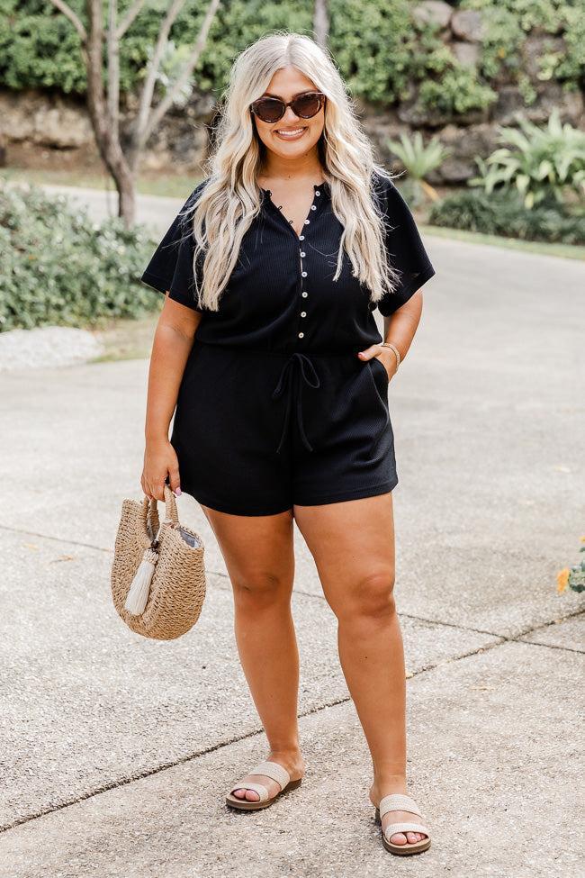 Chase The High Black Waffle Knit Button Up Romper FINAL SALE Product Image