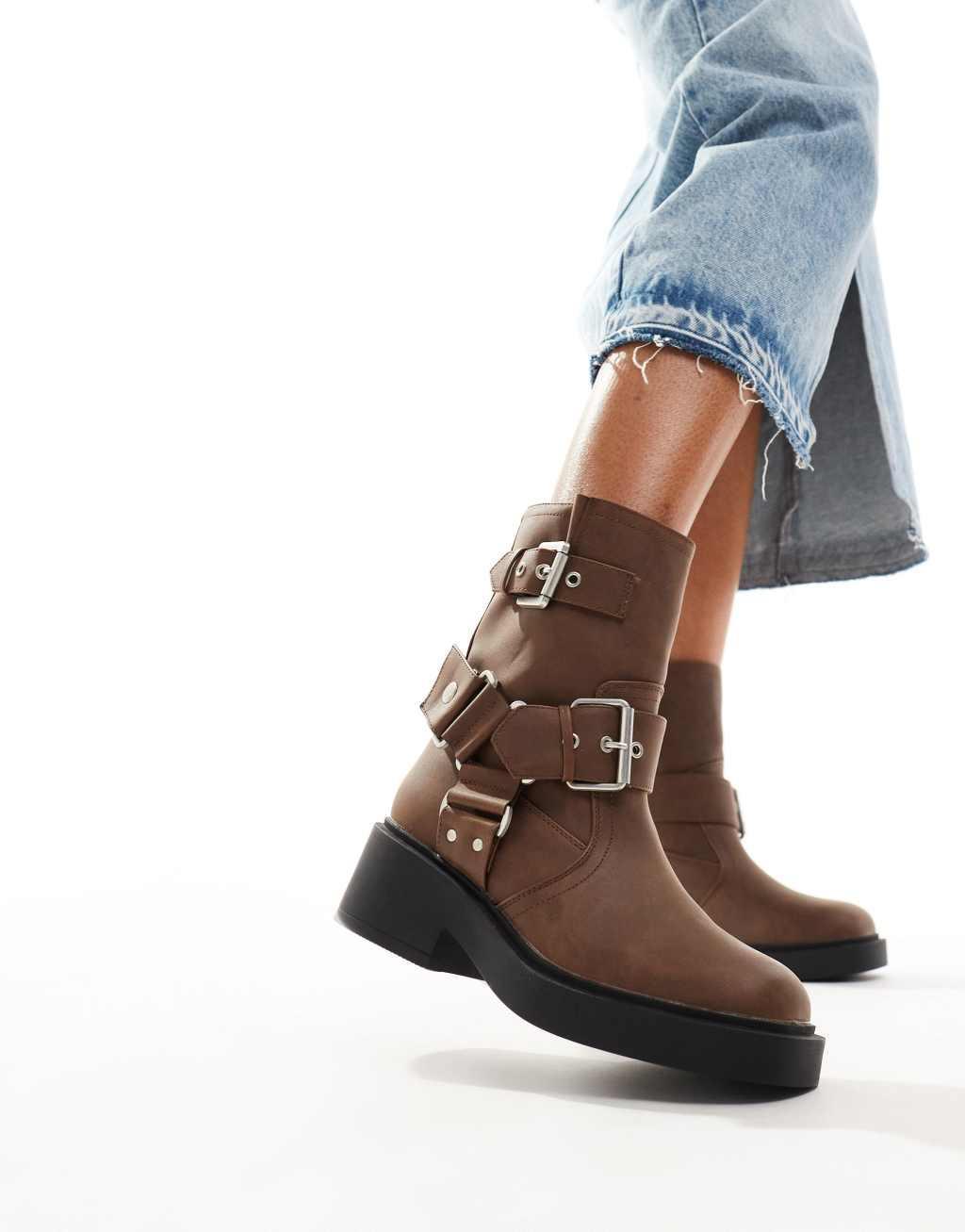 ASOS DESIGN Aim harness biker ankle boots in brown Product Image