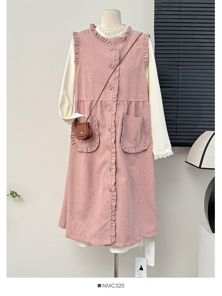 Set: Ruffled Button-Up Midi Dress + Lace-Trim Long-Sleeve Dress Product Image