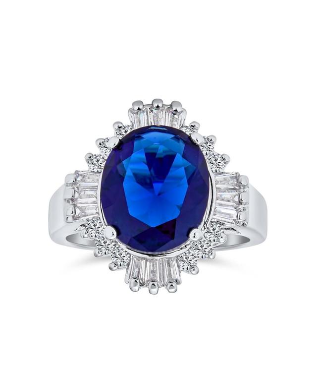 Bling Jewelry Art Deco Style Royal Blue Oval Baguette Halo 6 Ct Cz Solitaire Statement Ring For Women Rhodium Plated Product Image